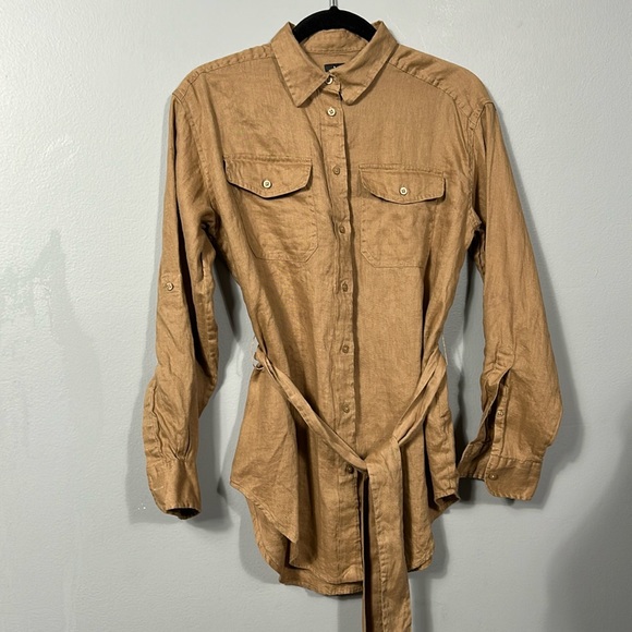 LAUREN RALPH LAUREN Women's Tan Linen Belted Utility Shirt size small - Picture 2 of 14